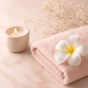 Composition bien-être avec fleur frangipanier, gypsophile et serviette rose poudré - Abonnement 10h massage Christel Yen-Pon