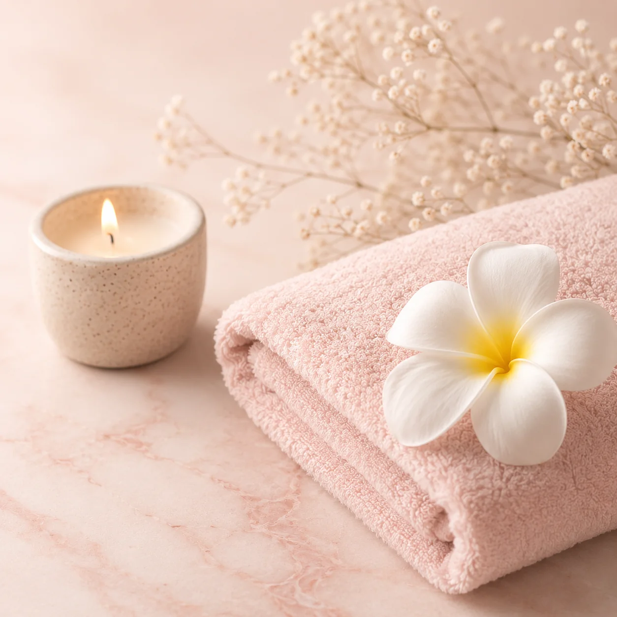Abonnement 10h de bien-être 1 Composition bien-être avec fleur frangipanier, gypsophile et serviette rose poudré - Abonnement 10h massage Christel Yen-Pon