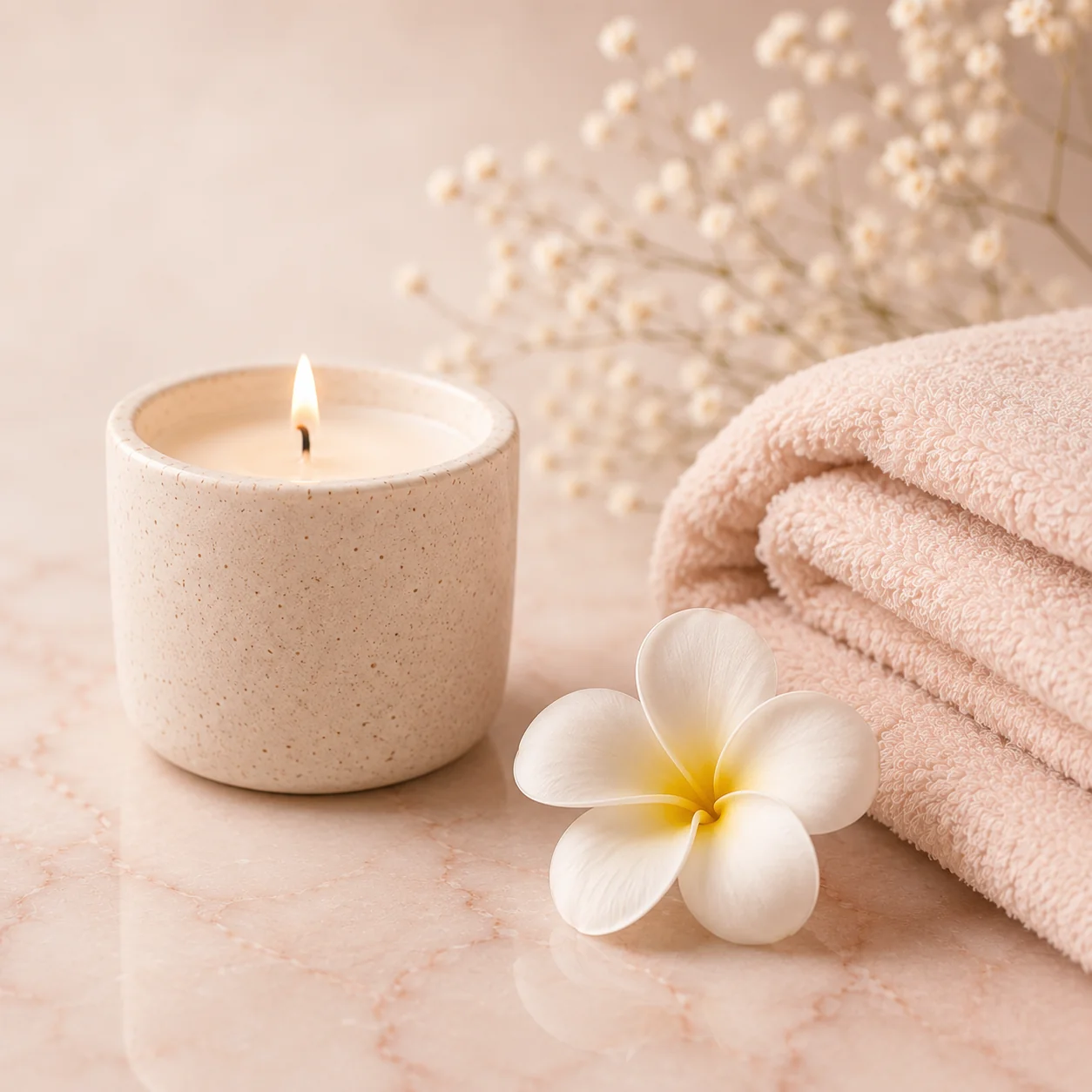 Abonnement 20h de bien-être 1 Composition spa premium avec serviettes empilées rose poudré, frangipanier blanc et bougie céramique - Abonnement 20h massage Christel Yen-Pon