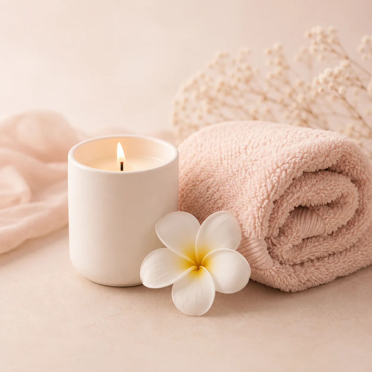 Abonnement 5h de bien-être 1 Bougie céramique, serviette pliée rose poudré et fleur frangipanier pour un rituel de massage à domicile - Abonnement 5h Christel Yen-Pon