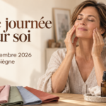 Journée détente à Compiègne le 3 décembre 2026, illustration d’un auto-massage du visage avec des tissus de colorimétrie.