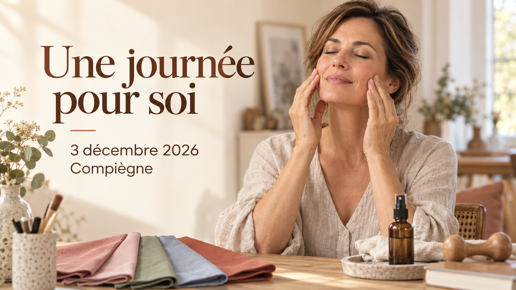 Journée détente à Compiègne le 3 décembre 2026, illustration d’un auto-massage du visage avec des tissus de colorimétrie.