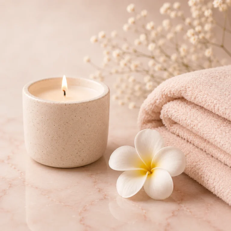 Composition spa premium avec serviettes empilées rose poudré, frangipanier blanc et bougie céramique - Abonnement 20h massage Christel Yen-Pon