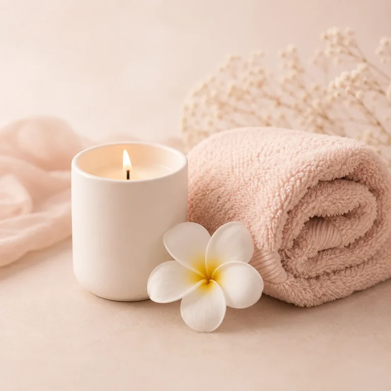 Bougie céramique, serviette pliée rose poudré et fleur frangipanier pour un rituel de massage à domicile - Abonnement 5h Christel Yen-Pon