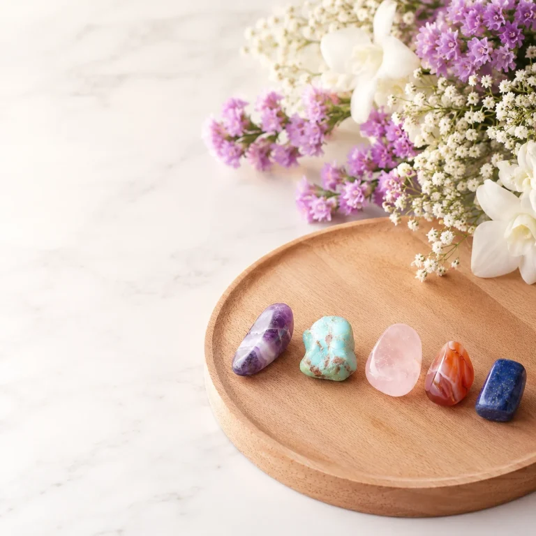 Plateau en bois avec pierres semi-précieuses améthyste, turquoise, quartz rose, cornaline, lapis et fleurs lilas - Parenthèses de Saisons soin énergétique